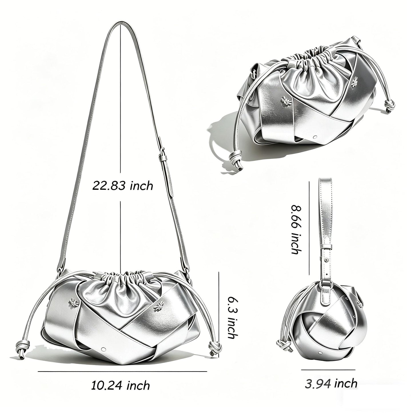 Ophlid Gold Drawstring Bag for Women Evening Bucket Purse Woven Pu Leather Hobo Handbag Cloud Clutch Purse Silver