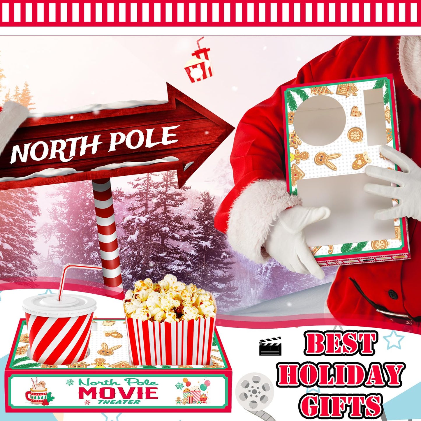 Dunzoom 20 Pcs Christmas Movie Night Supplies Movie Night Paper Snack Trays Popcorn Candy Holder Cardboard Snack Holder Food Trays(Cute Christmas)