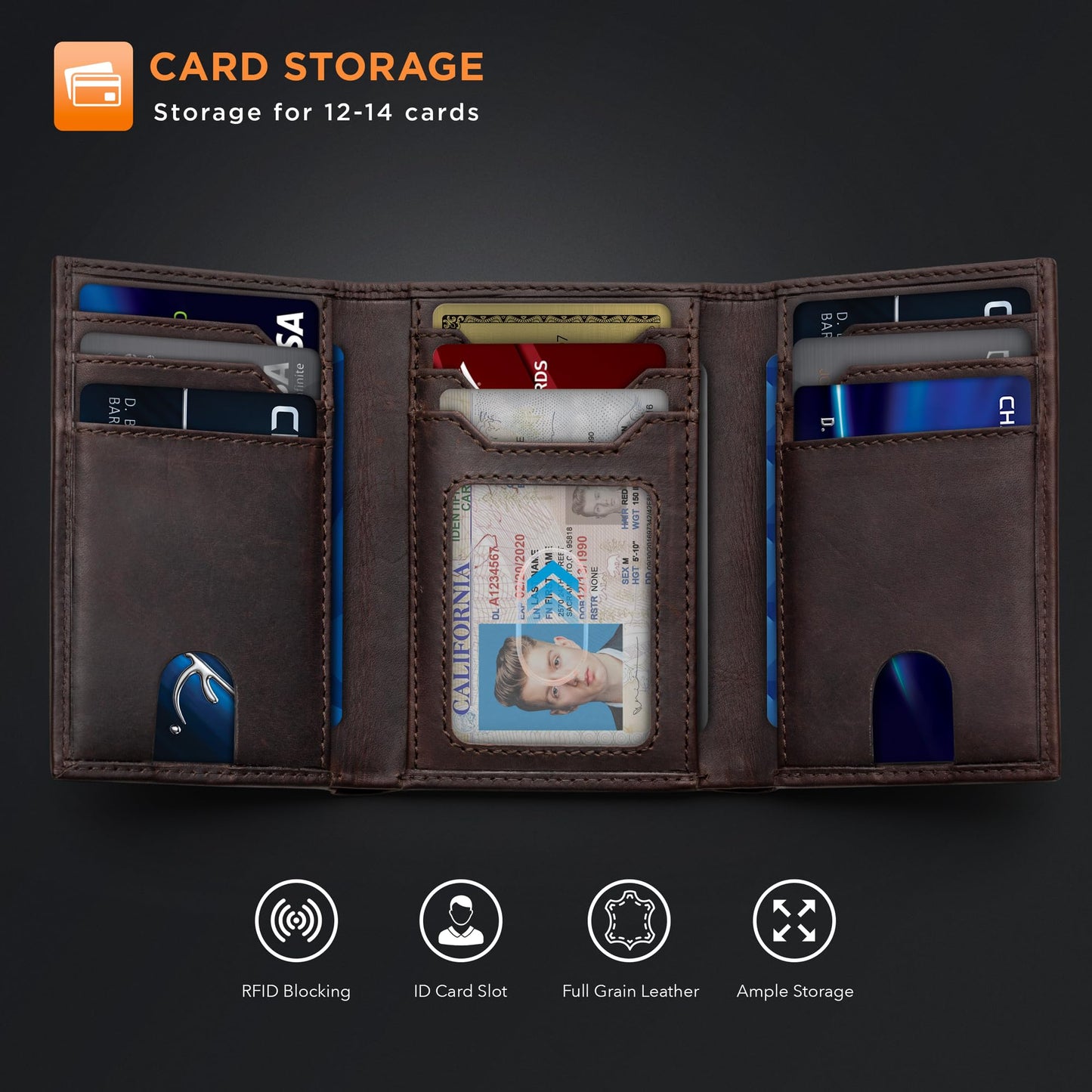 SERMAN BRANDS Trifold Wallet for Men - RFID Blocking Full Grain Leather, 11 Card Slots & ID Window, Slim Everyday Carry, Durable Stitching, Gift for Him