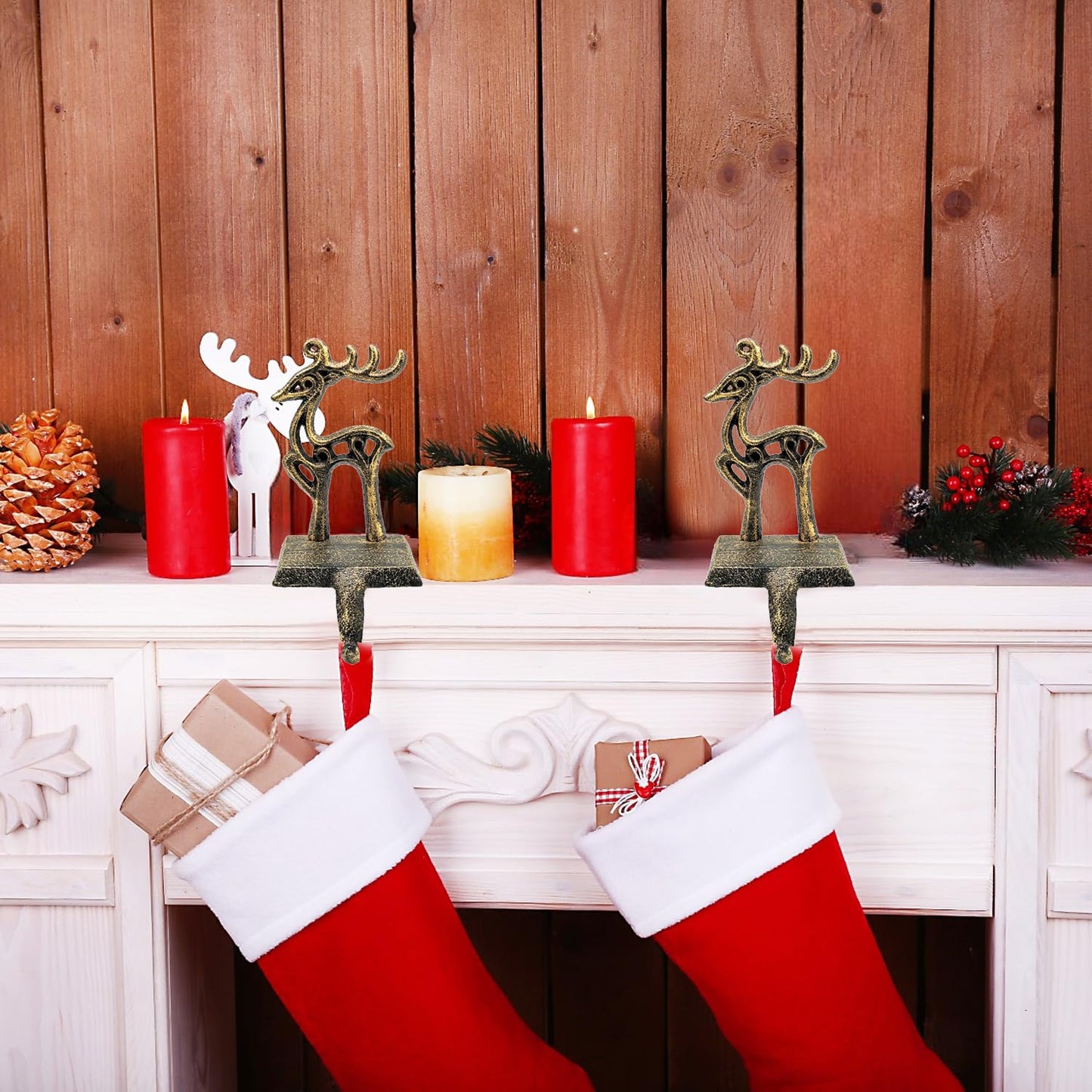 2 Pieces Reindeer Christmas Stocking Holder Christmas Hooks Skid Mantel Hooks Hanger for Fireplace Free Standing Christmas Decorations