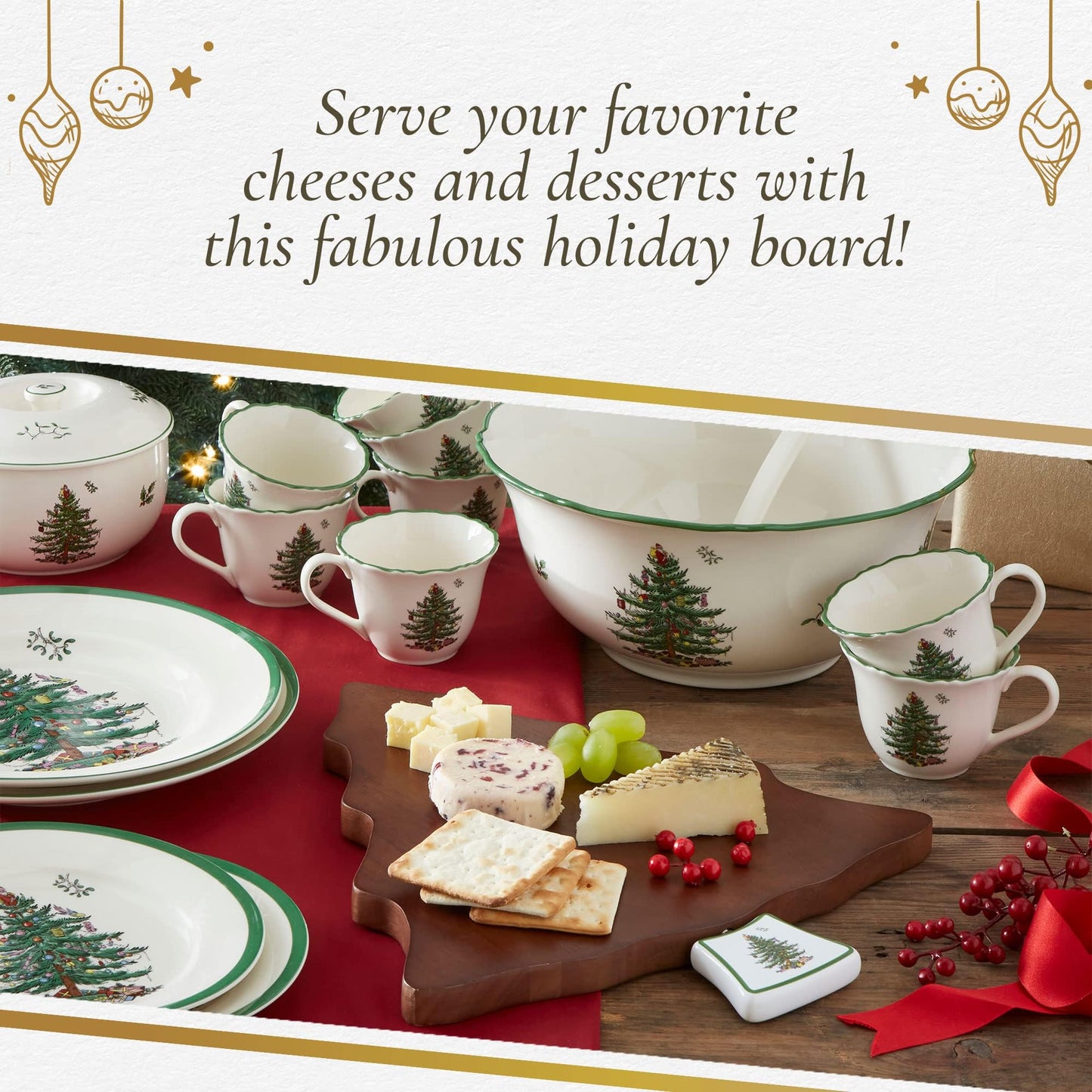 Spode Christmas Tree Cheese Board & Spreader Set (2-Piece) – 13" Acacia Wood Cheese Serving Board with Handled Spreader – Festive Serveware for Holiday Entertaining, Charcuterie & Appetizers