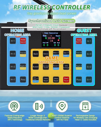 Spolehli Large Electronic Scoreboard with Wireless LCD RF Controller - 22.4x14.6 Big LED Display, 100Ft Visibility, Dual Power Options, Flexible Timing Control for Indoor/Outdoor Sports Games
