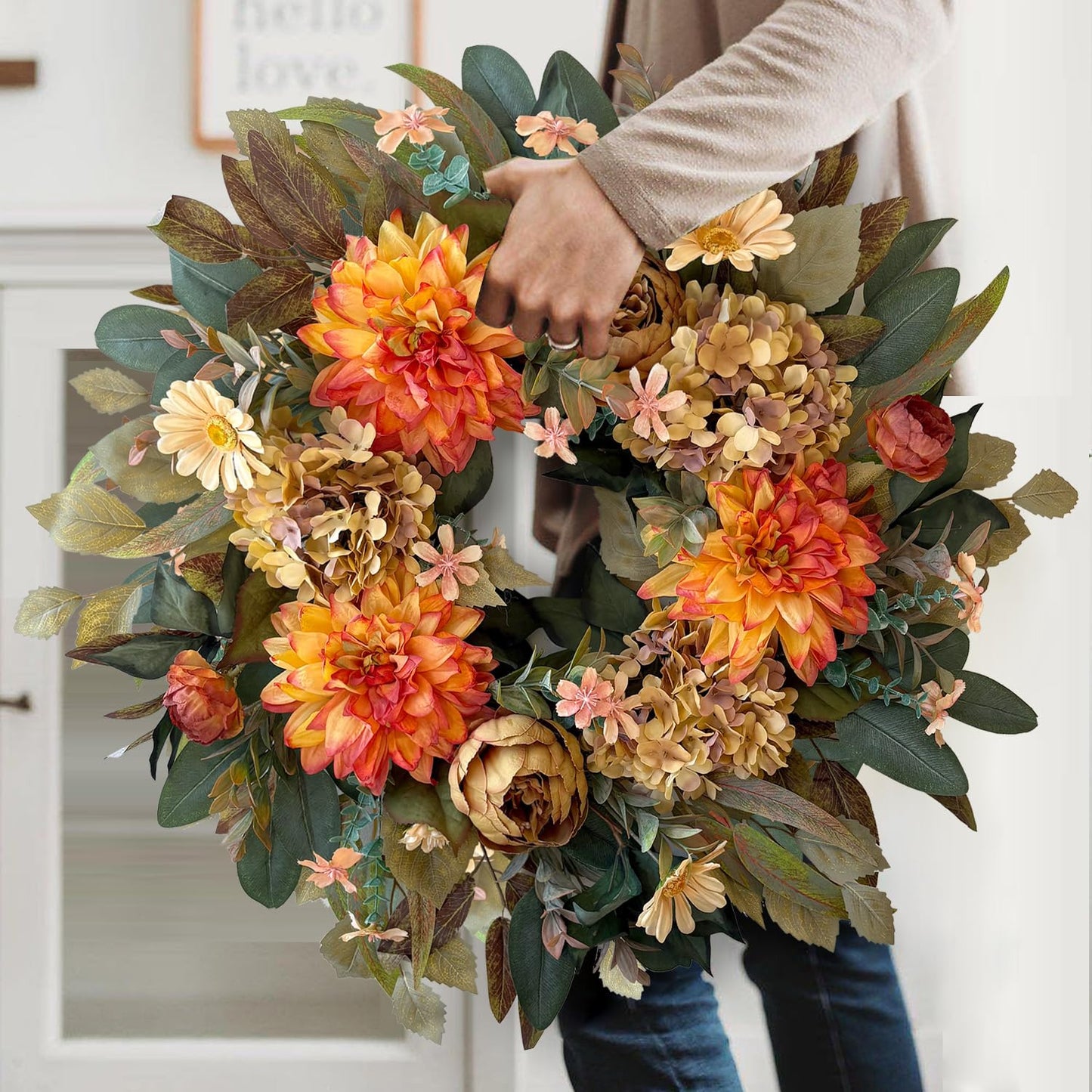 WANNA-CUL 24in Fall Front Door Wreath Dahlia Hydrangea Peony Table Decor