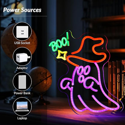 Halloween Ghost Neon Sign for Wall Window Decor, BOO Neon Signs for Halloween Party Decorations, USB Powered Little Ghost LED Lamp for Bedroom Club Bar
