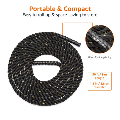 Amazon Basics Battle Rope for Home Gym Workout, Exercise Training Equipment, CrossFit, Strength Training, 1.5 Inch x 30 Feet, Black