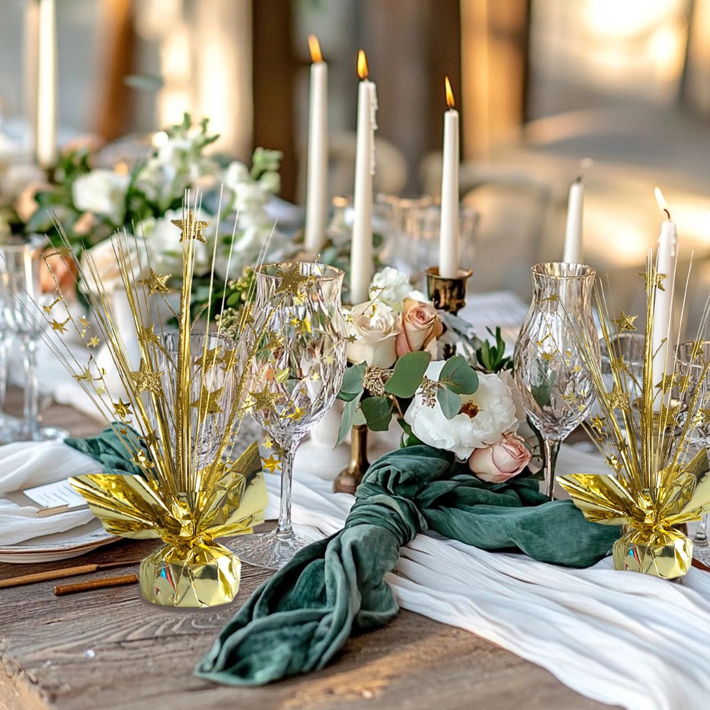 Egolot 12 Pack Metallic Gold Foil Spray Centerpieces Stars Brust Table Centerpieces for Wedding Birthday Anniversary Holiday Party Decor, Metallic Star Balloon Wights for Party, Table Decor for Party