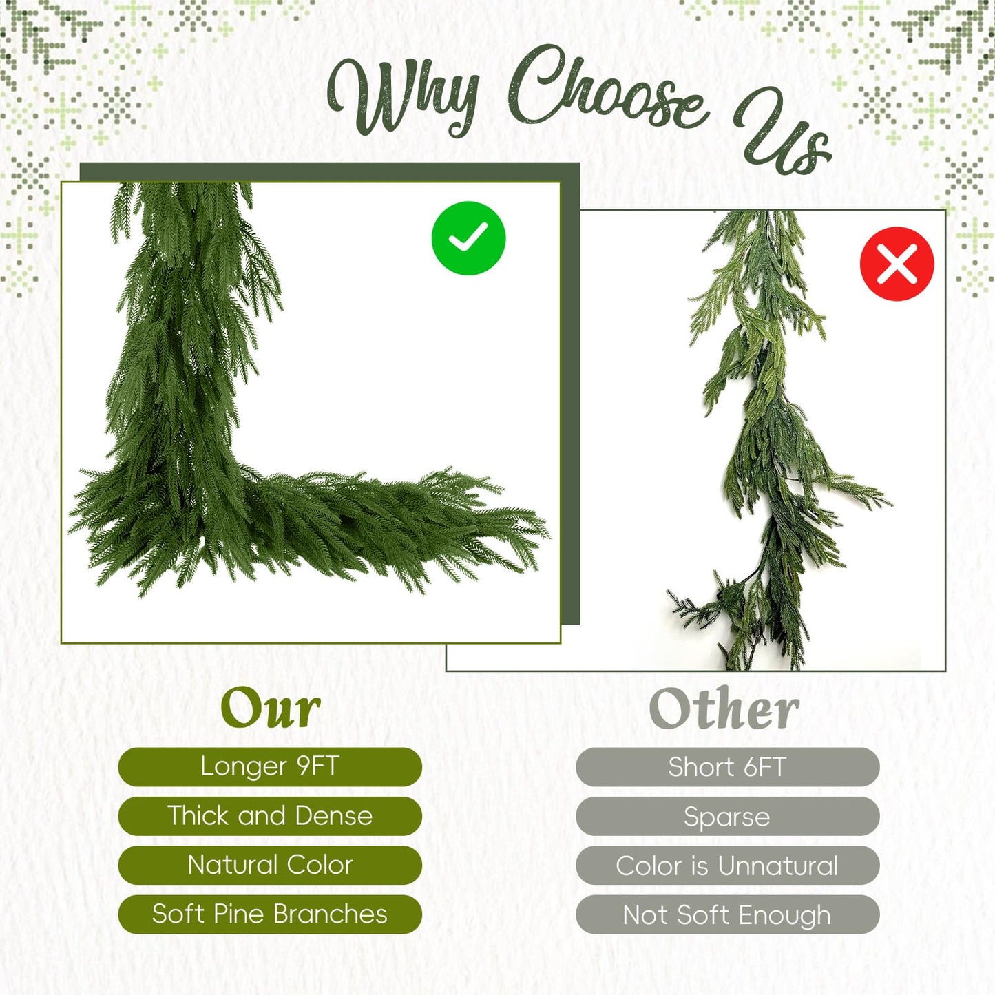N&T NIETING Christmas Norfolk Pine Garland Real Touch Artificial Christmas Green Xmas Garland for Mantle, Table Holiday Fireplace Staircase Indoor Outdoor Christmas Decorations (9 FT)