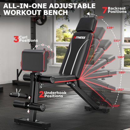Fostoy Foldable Workout Bench, Adjustable Weight Bench for Home Gym, Multi Functional Gym Bench w/Leg Extension &Preacher Pad, Extra Headrest, Fast Folding Strength Training Incline Sit up Bench 800LB