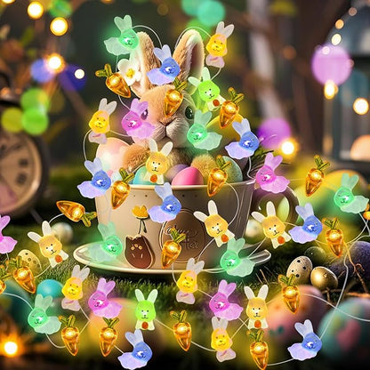 Easter Decorations Bunny Carrot String Lights, 16 ft 50 LED Spring Rabbit Lights for Lawns Garden Outdoor Holiday Party Easter Basket Stuffers (2 Pack)