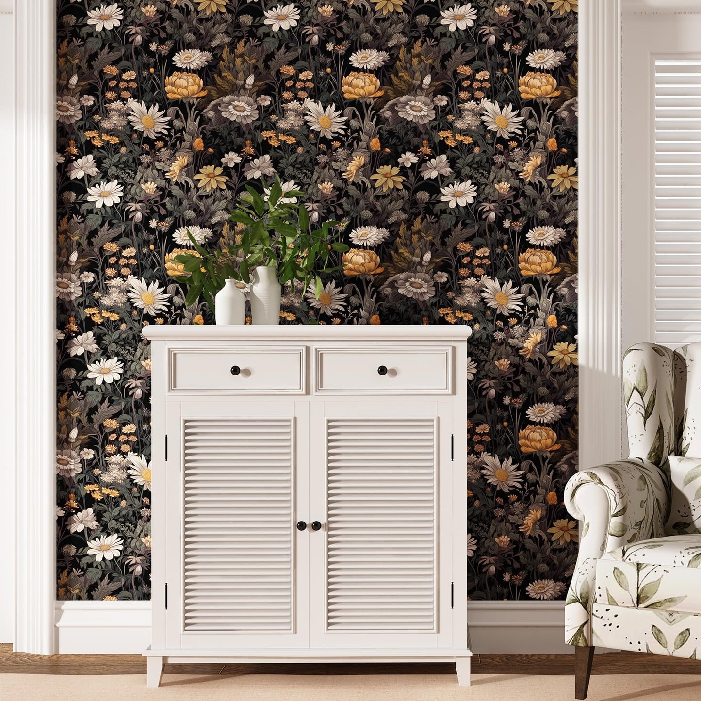 Black Floral Peel and Stick Wallpaper, Vintage Dark Botanical Contact Paper, Gold Daisy Self Adhesive Vinyl Wall Paper Waterproof&Removable Renter Friendly Wallpaper for Bedroom Cabinet 15.7"x 197"