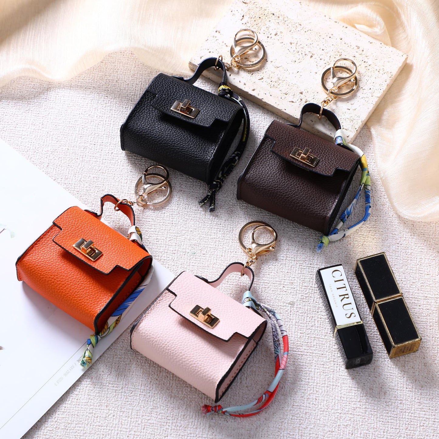 Tondiamo 4pcs Mini Backpack Keychain Coin Purse Keychain Mini Bag Pendents PU Leather Makeup Bag Change Pouch Cute Twist Lock Key Pocket Lipstick Bags for Women Headset Data Cable Organizer Gifts