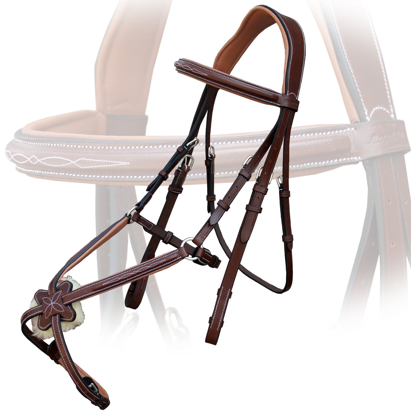 ExionPro Comfortable Broad Free Ear Anatomic Shape Mono Crown Piece Fancy Stitched Figure 8 Padded Noseband English Bridle & Rubber Reins (Oak Brown, Vegetable Tanned Leather - Cob Size)
