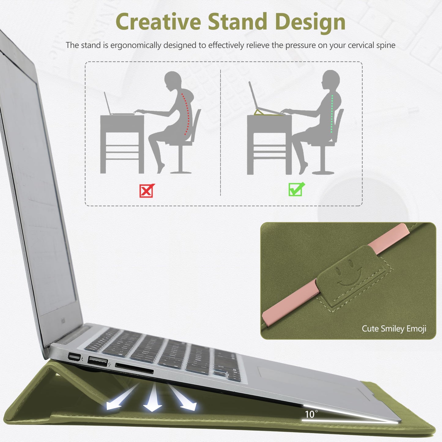HYZUO 13.3-14 Inch Laptop Case Sleeve with Stand for MacBook Pro 14 M5/M4/M3/M2/M1 A3426 A3427 2026-2021, MacBook Air/Pro 13.3, 13.8-13.5 Surface Laptop, HP Spectre X360 13/14, Olive Green(Smiley)