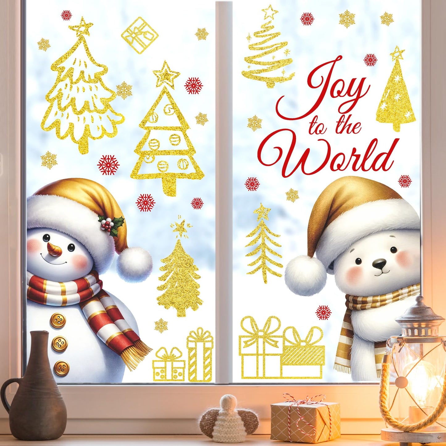 Christmas Window Decorations Stickers Snowman Window Decals Vinyl Christmas Windows Clings Double-Side Xmas Decal Peel and Stick Joy to The World Sticker for Home Xmas Party Supplies Decor