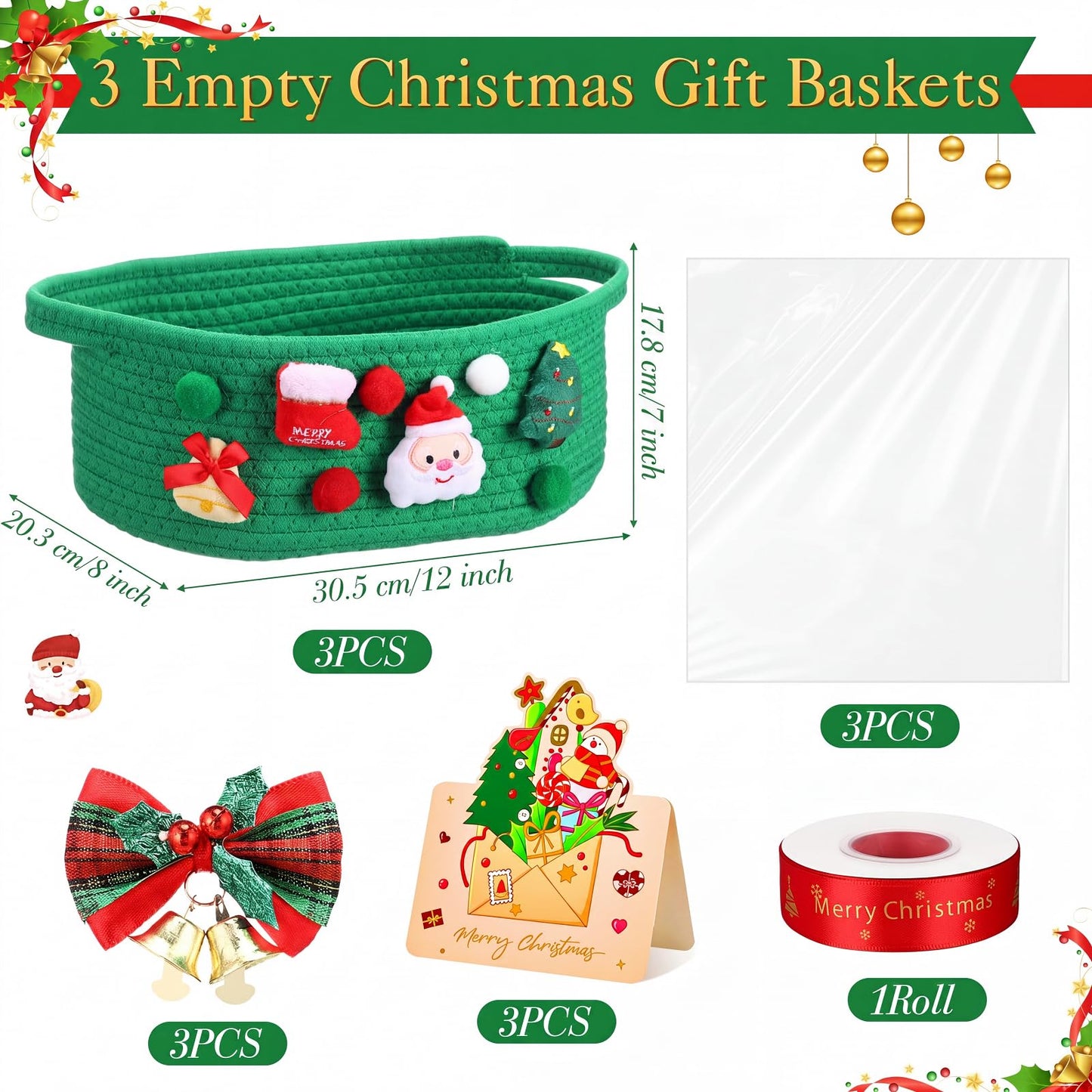 Funnymoom 3 Set Christmas Gift Basket Empty Small Woven Basket with Gift Bag Bow Ribbon Xmas Card 12" x 8" x 5" Cotton Rope Storage Bin with Handle for Christmas Holiday Decoration(Green,Classic)