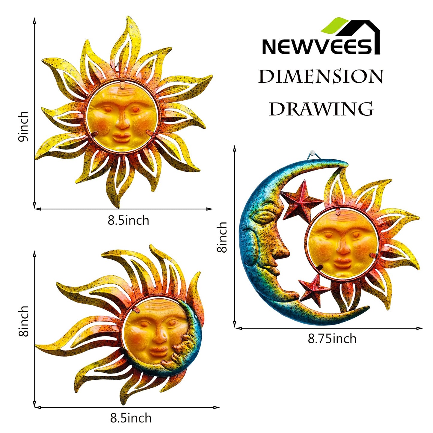 NewVees Sun Face Metal Wall Art Décor Outdoor Indoor, Sun Moon Star, Metal Glass Hanging for Garden Sun Face Sculptures & Statues Statues Wall Art for Farmhouse, Patio, Garden Decoration(3 Pack)