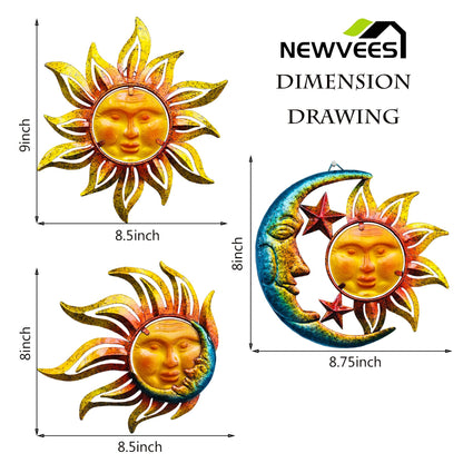 NewVees Sun Face Metal Wall Art Décor Outdoor Indoor, Sun Moon Star, Metal Glass Hanging for Garden Sun Face Sculptures & Statues Statues Wall Art for Farmhouse, Patio, Garden Decoration(3 Pack)