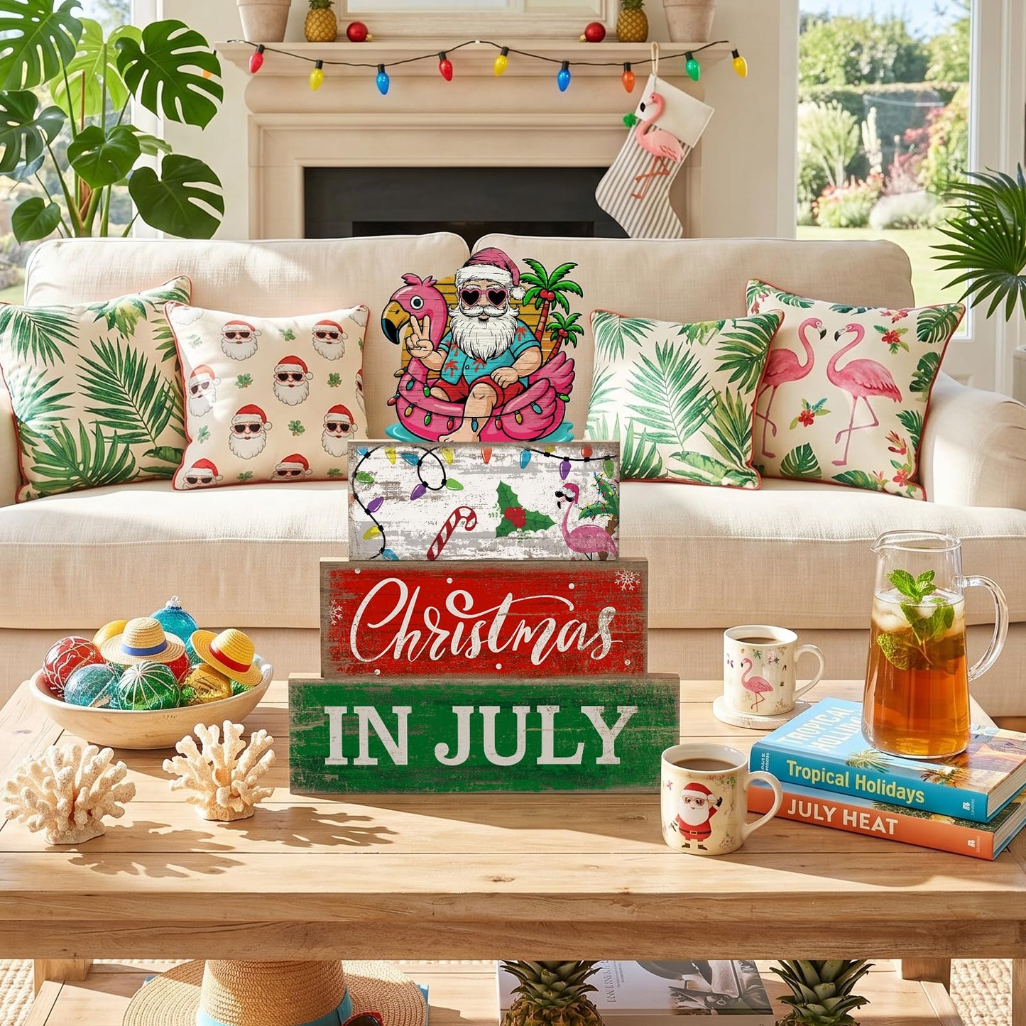 Lineshading 4 Pcs Summer Christmas in July Wooden Table Decoration Tropical Christmas Tiered Tray Decor Santa Claus Flamingo Beach Party Supplies Xmas Table Centerpiece Sets for Shelf Home Office