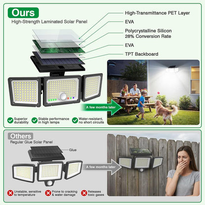 Solar Outdoor Lights Motion Sensor, 2500LM 286 LED Security Flood Lights with Visual Battery & Mode Display, 3 Lighting Modes, IP65 Waterproof 3-Head Wide Angle for Garage, Yard, Patio (2 Pack)