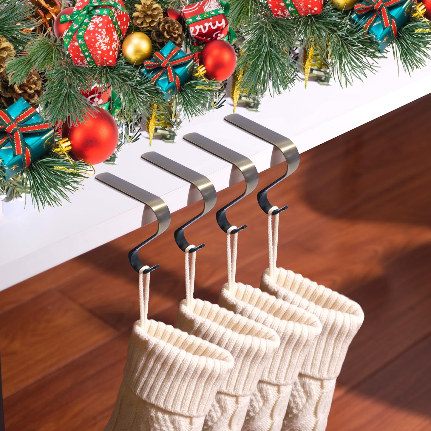 Doitory Stocking Holders for Mantle,Christmas Stocking Holder Set of 4,Stocking Hangers for Mantel,Stocking Hooks for Fireplace(Bronze)