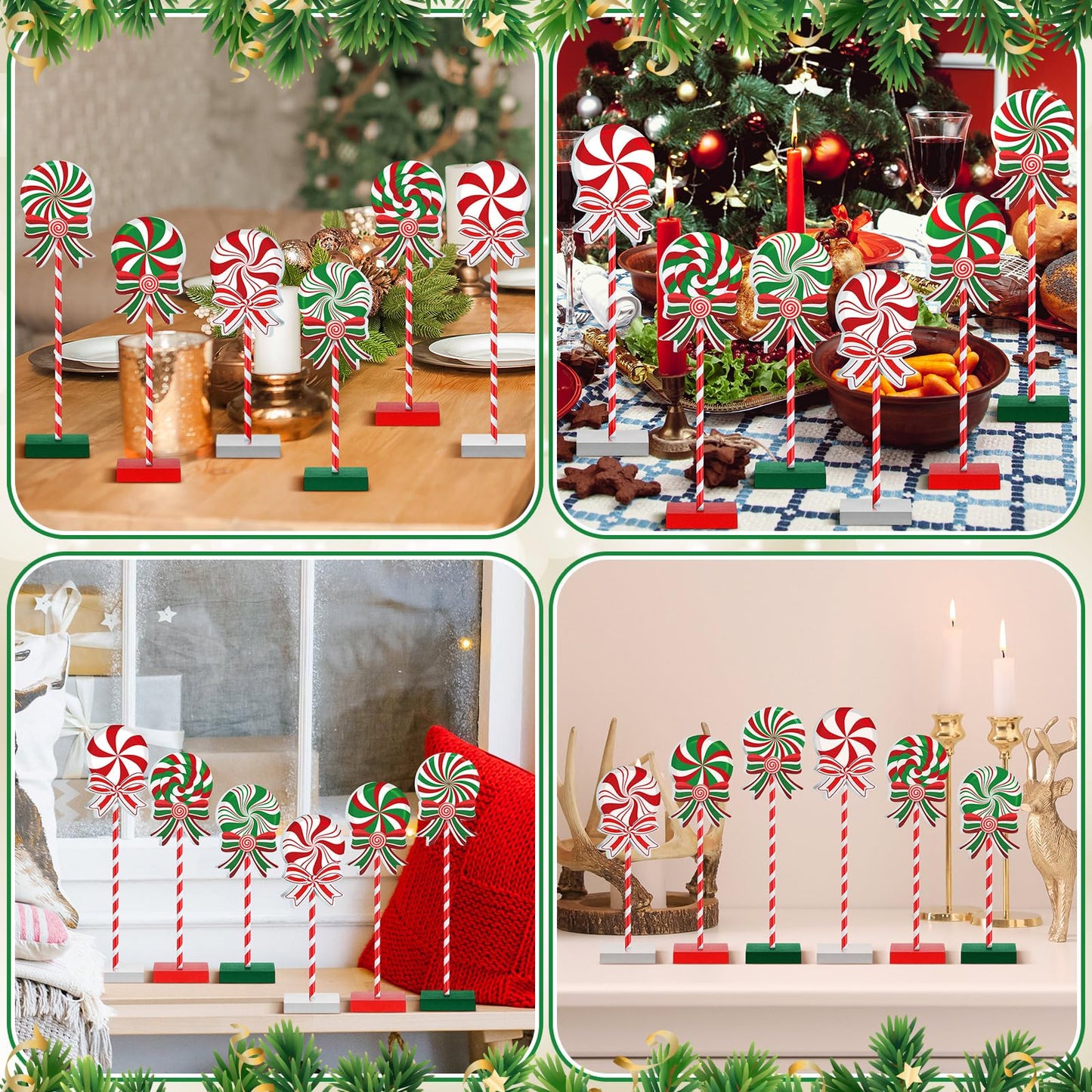 6 Pieces Christmas Candy Wooden Tabletop Decor Candy Cane Tall Standing Wood Block Xmas Cane Table Centerpiece Sign for Christmas Tiered Tray Home Desk Office Party Decoration(Wood,Red, Green, White)