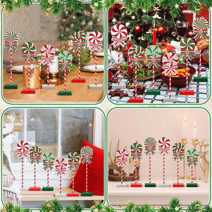 6 Pieces Christmas Candy Wooden Tabletop Decor Candy Cane Tall Standing Wood Block Xmas Cane Table Centerpiece Sign for Christmas Tiered Tray Home Desk Office Party Decoration(Wood,Red, Green, White)