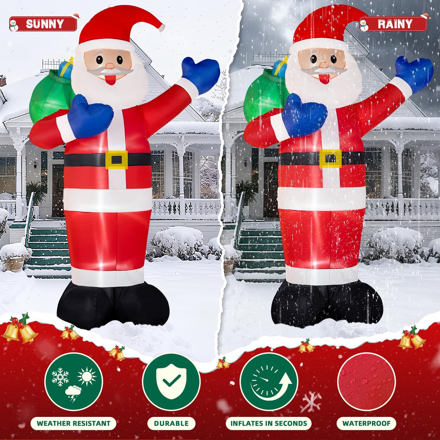 B&D 12FT Giant Christmas Inflatables Santa Claus Outdoor Decorations Built-in LED Lights, Christmas Blow Up Santa Yard Decorations with Gift Bag Inflatable Xmas Decorations for Yard Garden Lawn