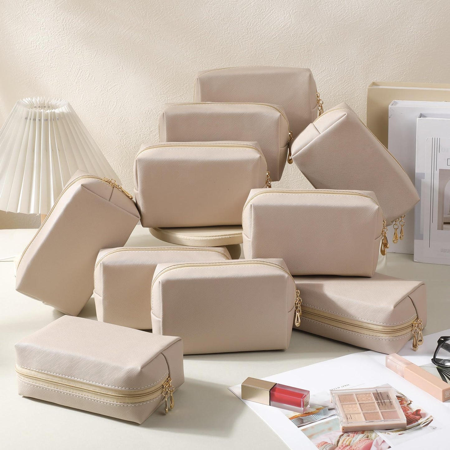 Kigeli Aesthetic Makeup Bags PU Leather Cosmetic Pouches Waterproof Plain Toiletry Bags Makeup Pouches Bulk for Women Party Gift Travel Storage Organizer(Nude Color,7.1 x 2.8 x 4.3 in)