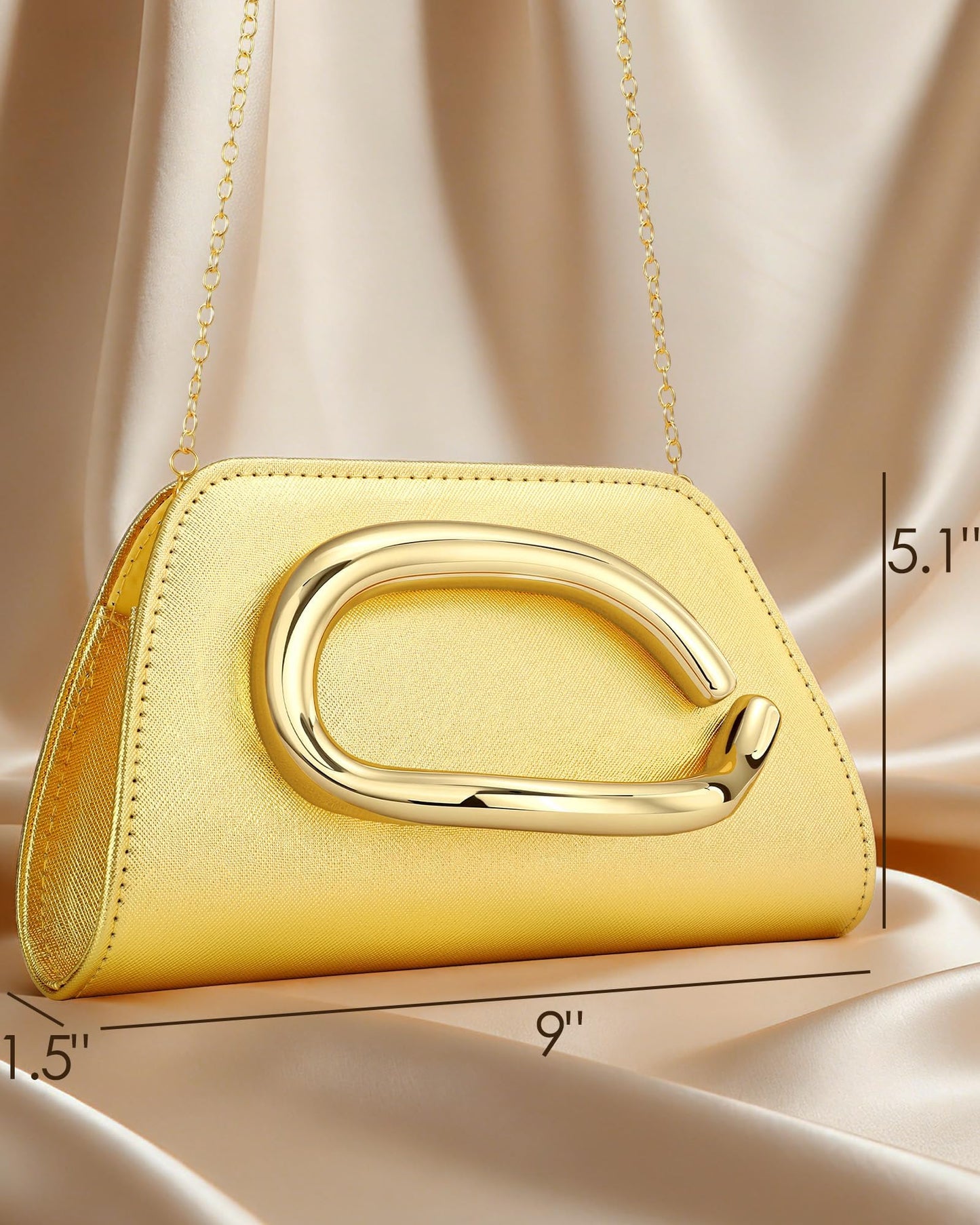 XquiziFit Gold Clutch PU Leather Clutch Purses for Women Metal Handle Evening Bag for Wedding Cocktail Party