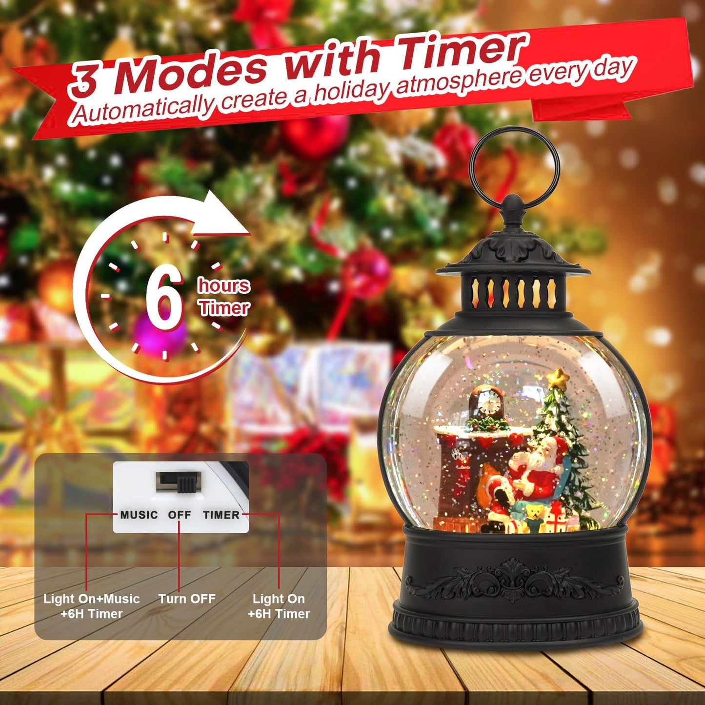 Christmas Snow Globe Water Lantern with Timer and Music, USB and Battery Operated Lighted Led Globe, Santa Snowglobe Table Decorations Indoor for Adults Home Holiday (Santa)