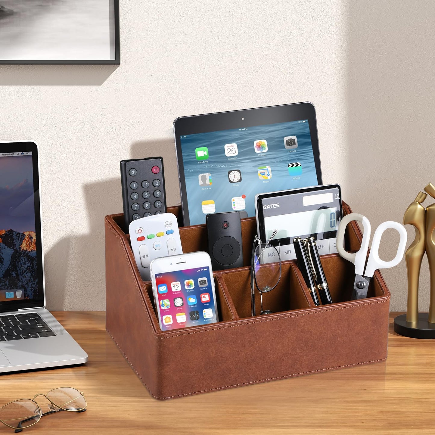 MEIBOOCH PU Leather Desk Organizer, Luxury Remote Control Holder for Home, Office Desk Accessories Table Caddy Bedside Nightstand Organizer (Brown)