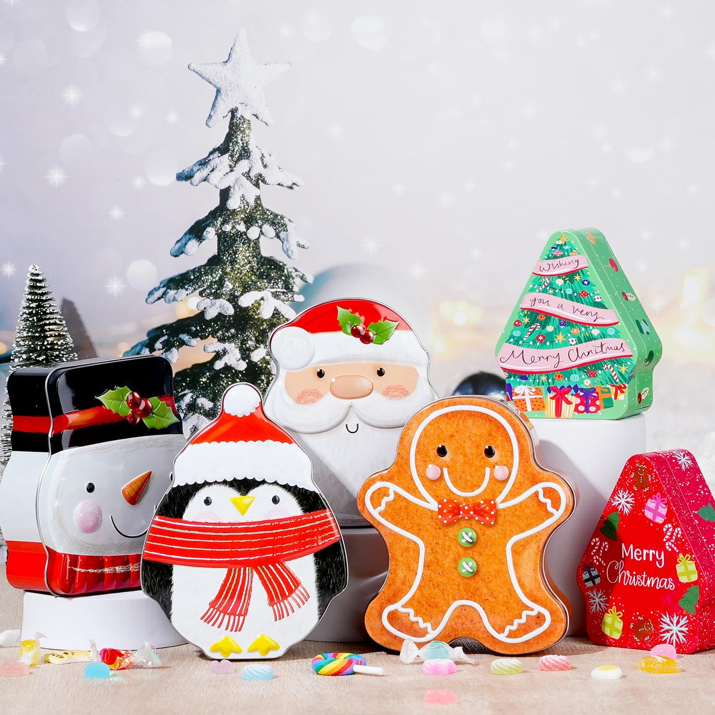 Tioncy 6 Pcs Christmas Cookie Tins with Lids Christmas Containers Santa Snowman Gingerbread Penguin Christmas Tree Metal Cookie Jar Xmas Cookie Boxes for Storing Candy Chocolate Biscuits Holiday Gifts