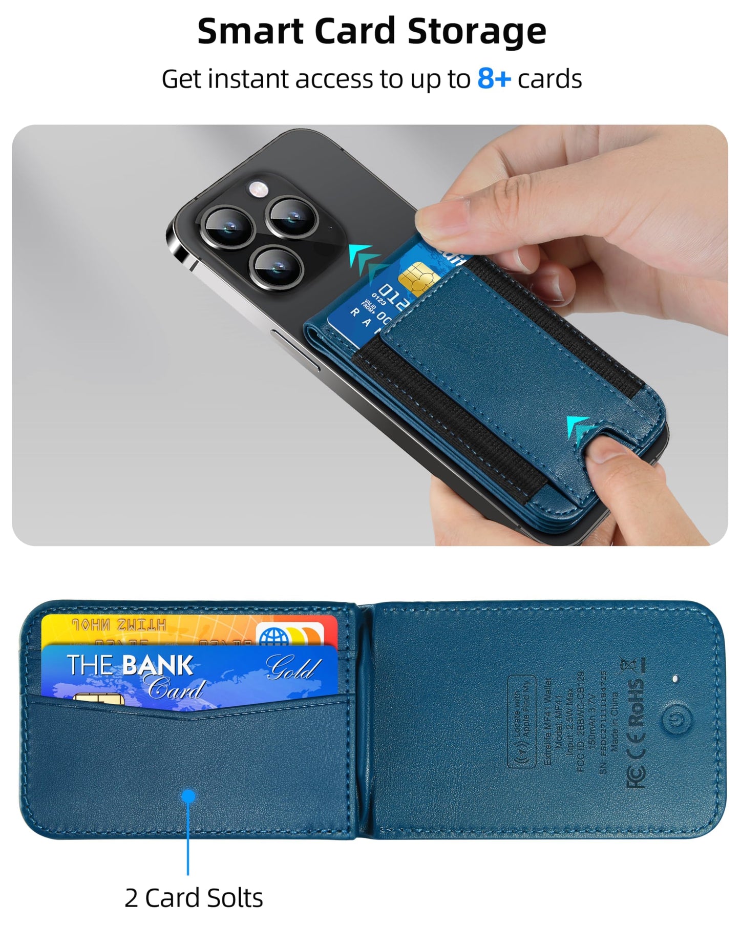 ExtreLife MagSafe Wallet, Work with Apple Find My, Magnetic Phone Wallet Stand for iPhone 17/16/15/14/13/12 Series, 8 Card Holder, RFID Blocking, Rechargeable, Blue