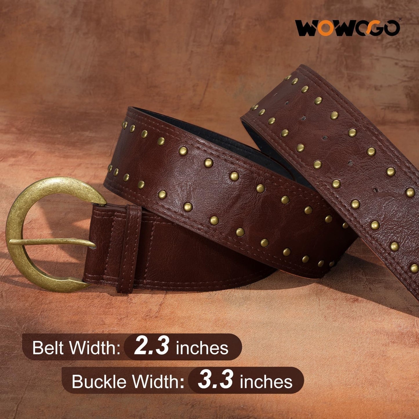 WOWOGO Dark Brown Wide Chunky Leather Belts for Women 2.3" Western Vintage Boho Studded Thick Waist Belt for Dresses