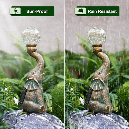 MININOVA Solar Elephant Garden Decor Outdoor Statues with Cracked Glass Ball(8 LED Lights), Cute Elephant Figurine for Patio, Lawn, Yard Decorations Gift for Mother Thanksgiving Day Christmas