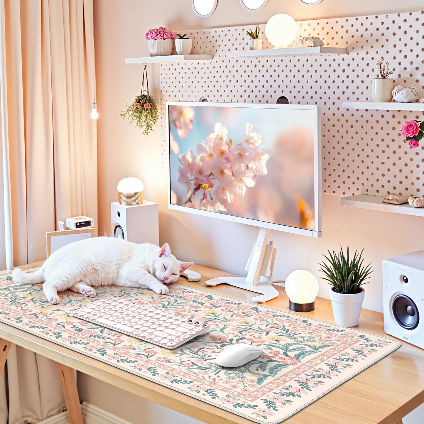 iCasso Pink Floral Desk Mat, Desk Pad, XXL Large Mouse Pad, Anti-Slip Big Mousepad with Stitched Edges, Computer Mouse Pads for Desktop Decor, Cute Office Desk Accessories for Women(Pink)