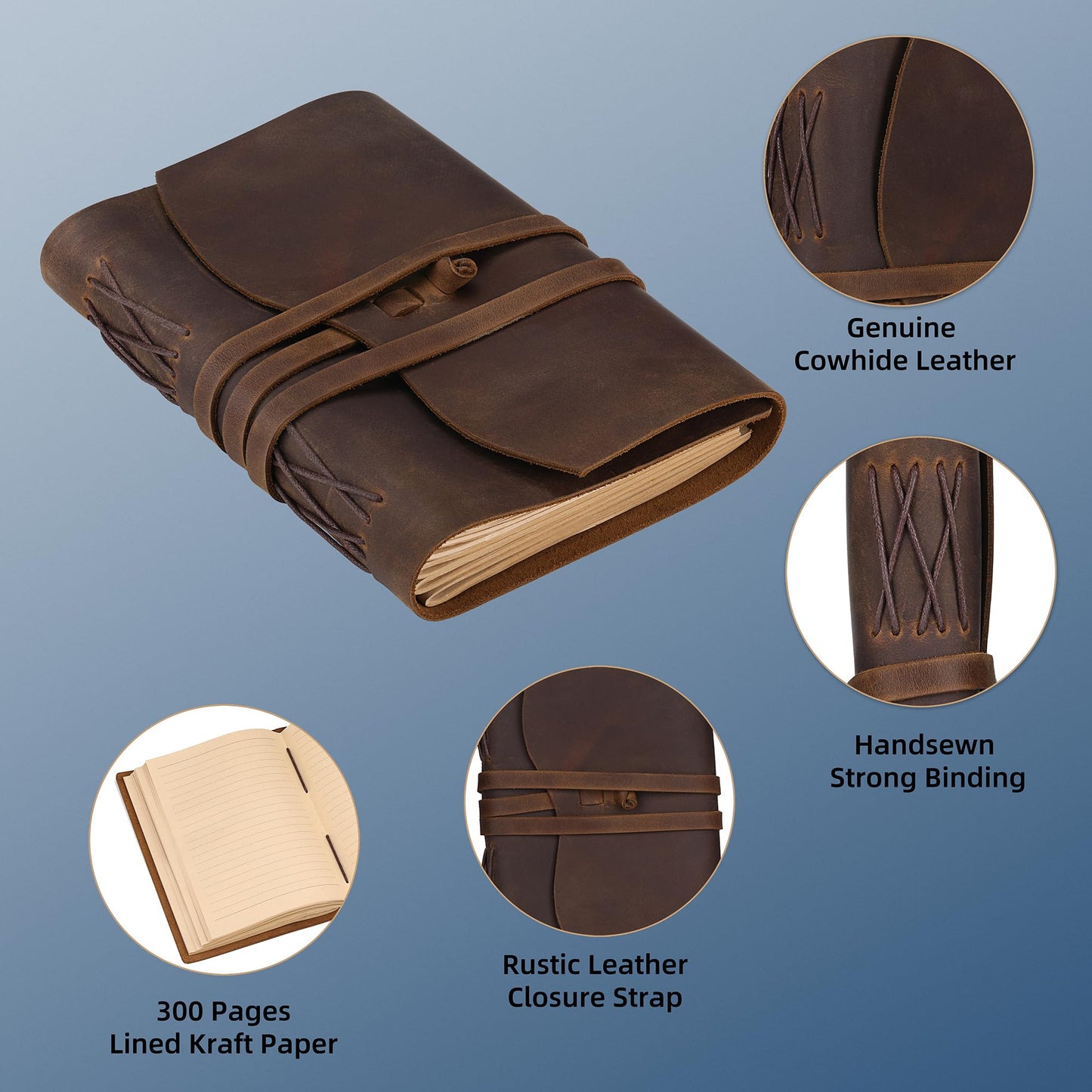 Carpetene Leather Journal Notebook Genuine Leather Bound Journal Cover for Writing 300 Handmade Kraft A5 Lined Pages Vintage Journal Daily Notepad for Men Women Travel, Brown (8''x6'')