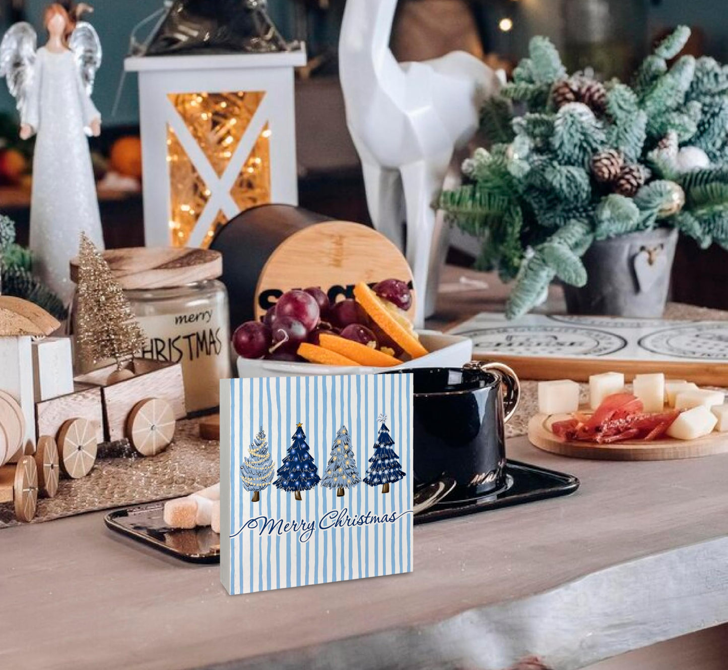KEUSPI Navy Blue Merry Christmas Tree Wooden Box Sign, Christmas Tree Decor, Xmas Navy Blue Striped Winter Wood Box Block Sign for Home Office Desk Tabletop Shelf Decoration 5x5 Inch