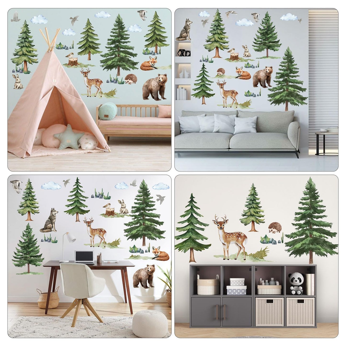 EEEKit Pine Tree Wall Decals with Animals, 48.3 x 35.4 Inch Forest Tree Wall Stickers, Woodland Wall Stickers for Living Room Bedroom, Christmas Decor