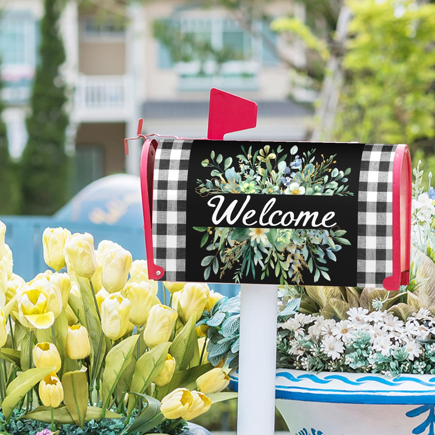 Spring Summer Wreath Welcome Mailbox Covers Magnetic Spring Black White Buffalo Plaid Mailbox Cover Large Green Wreath Mailbox Wraps Post Letter Box Cover Decor for Home Farmhouse Gadern Yard 25"x21"
