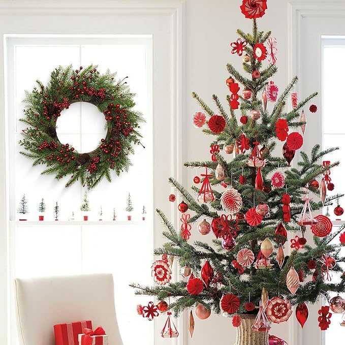 JINGHONG Artificial Christmas Wreath 22 Inch Christmas Wreaths for Front Door Winter Wreath with Red Berries Pine Cones Needles for Indoor Outdoor Xmas Winter Holidays