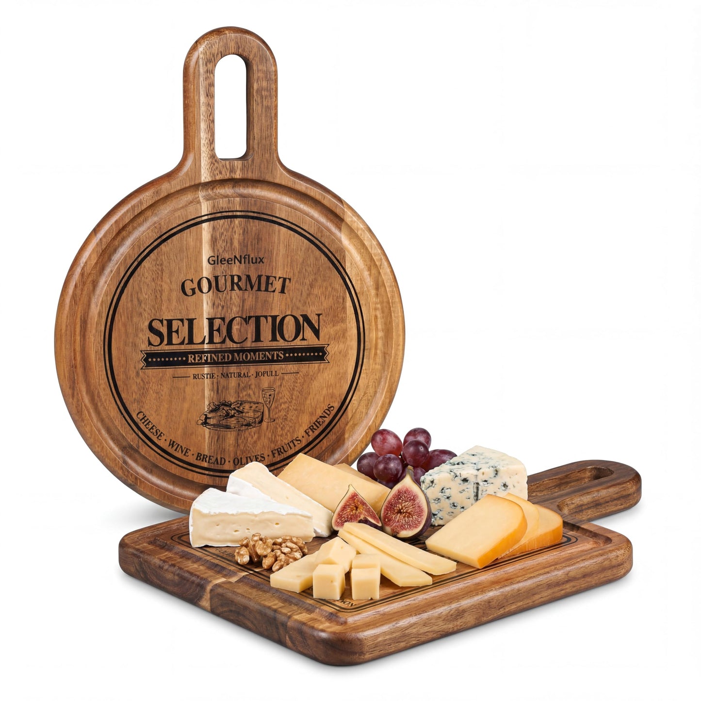 GleeNflux Mini Charcuterie Board Set with Handle, 2-Piece Small Acacia Wood Serving Tray & Wooden Cutting Board for Cheese, Fruit, Appetizers & Entertaining Gift