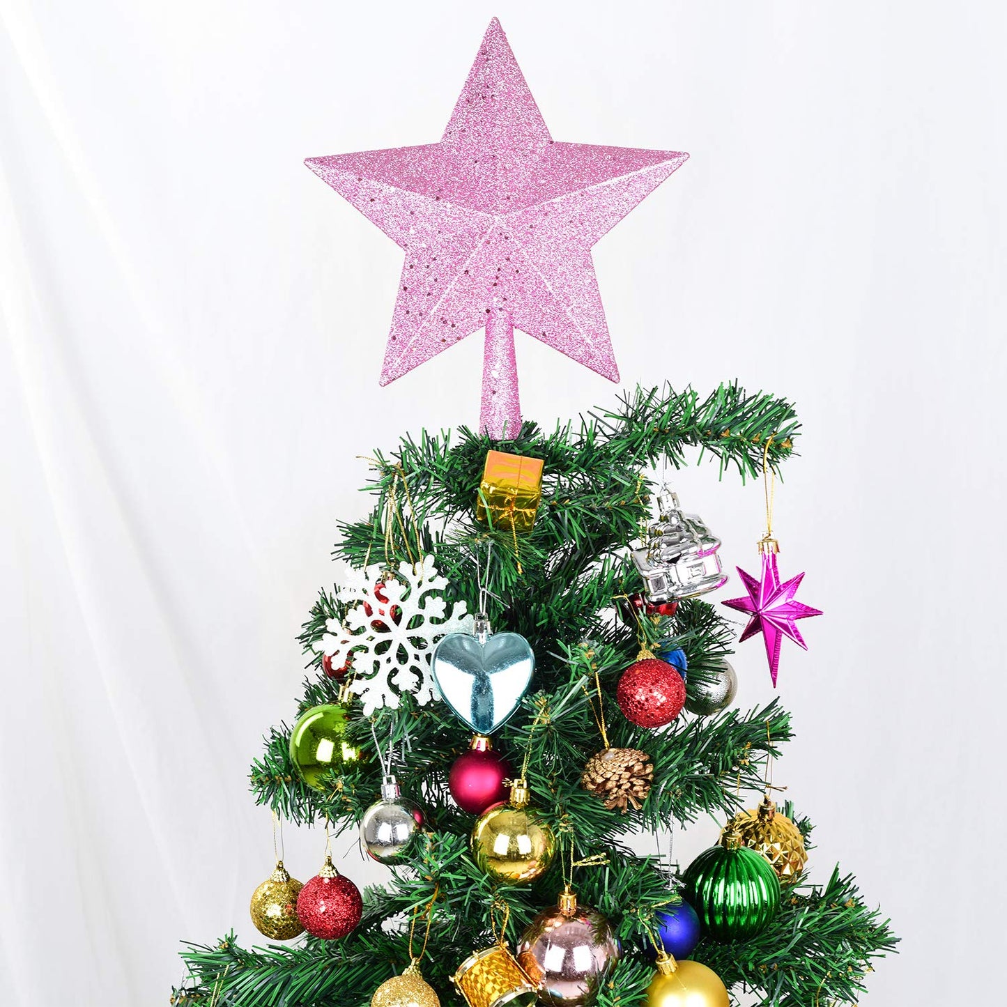 Artiflr 10 Inch Christmas Tree Topper, Pink Star Tree Topper Glittered Christmas Tree Decorations for Indoor Home Décor (Pink)