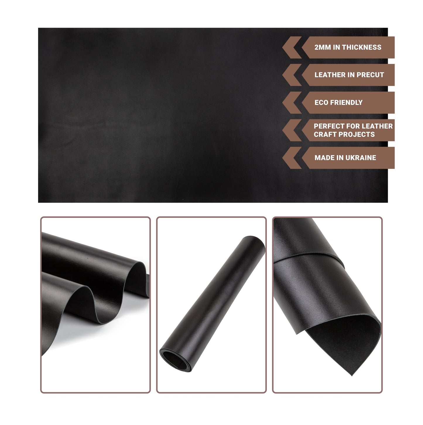 Shkira 12''X24'' Tooling Leather Square - 2.0MM Black Sheets for Crafts - Leather Sheets for Crafts Tooling Sewing Hobby - Thick Cowhide Pieces - Fabric for Crafting