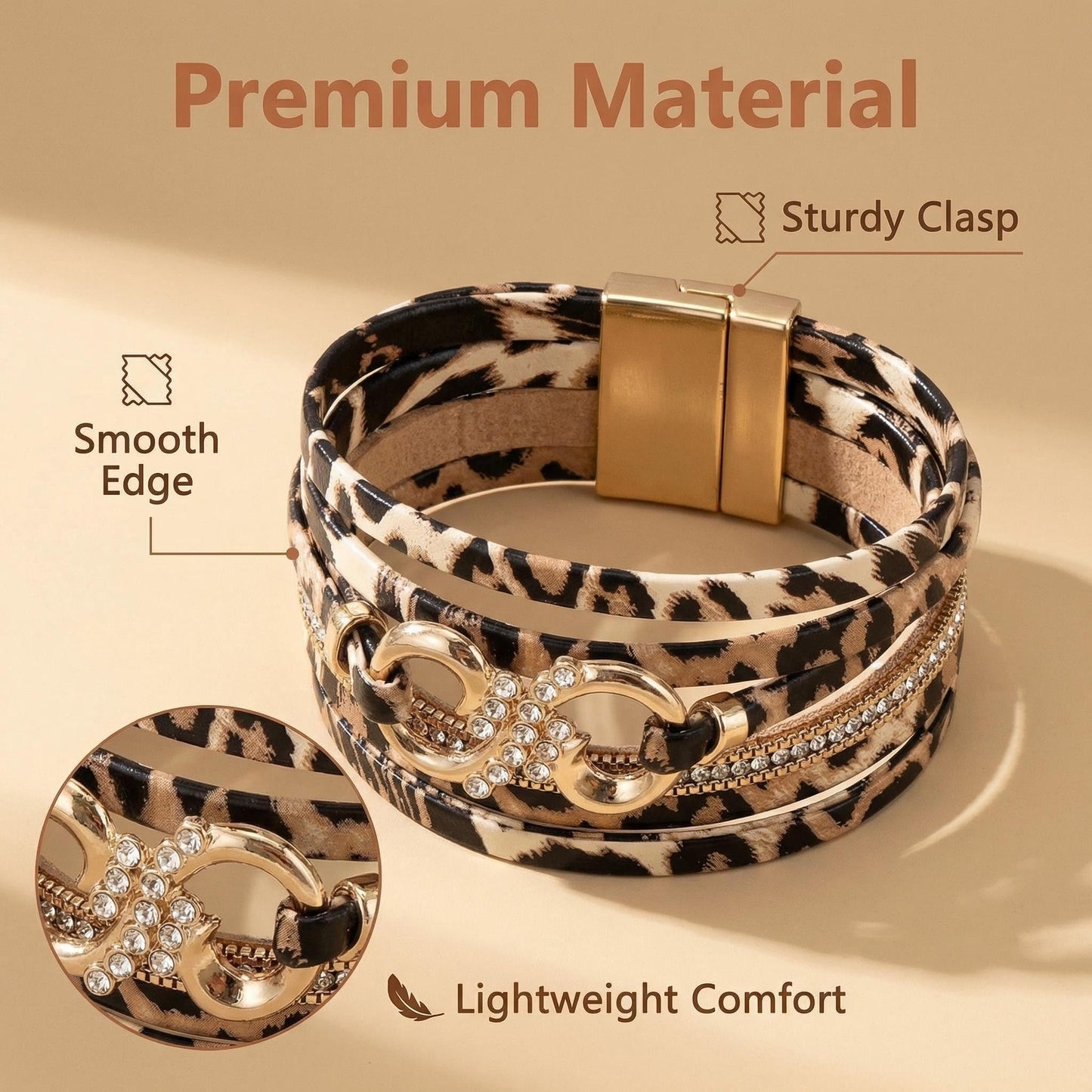 Hopeicy Leopard Bracelet for Women, Boho Leopard Print Wrap Bracelet with Rhinestone Gold Buckle, Magnetic Clasp Layered Leather Cuff Bracelet, Cheetah Print Jewelry Fashion Accessories Gift for Women