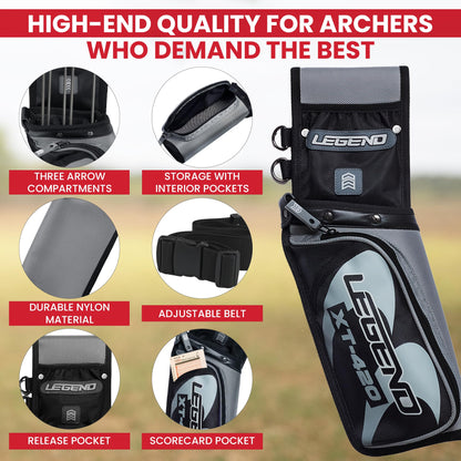 LEGEND XT420 Arrow Quiver - Quiver Arrow Holder, Archery Quiver with 3 Arrow Tube, Durable Nylon Hip Quivers with Multiple Pockets for Archery Accessories, Score Card & Tools - Right Handed,Army Green