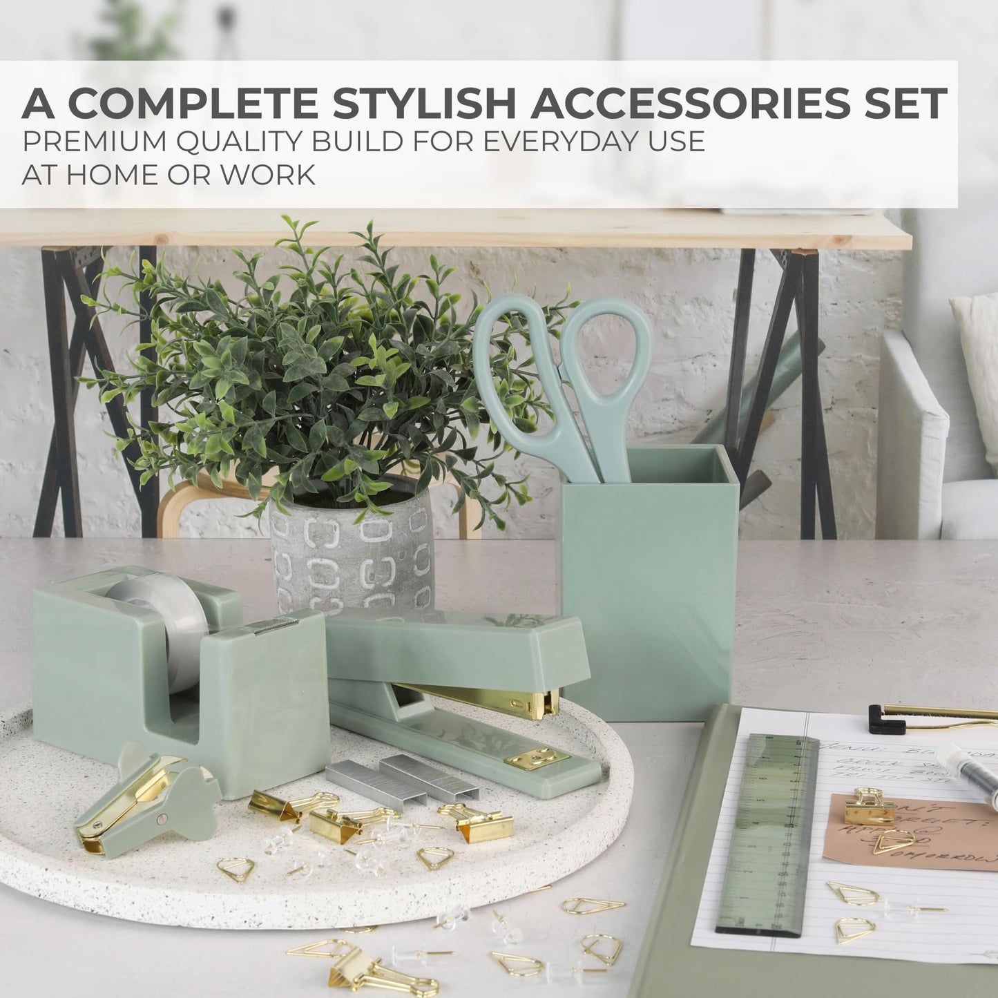 Aesthetic Desk Accessories Set - A Complete Desktop Organizer Set For Women Enhances Any Office Decor - An Office Supplies Kit w Gold Finish incl. Pen Holder, Scissors, Stapler, Tape Dispenser & More