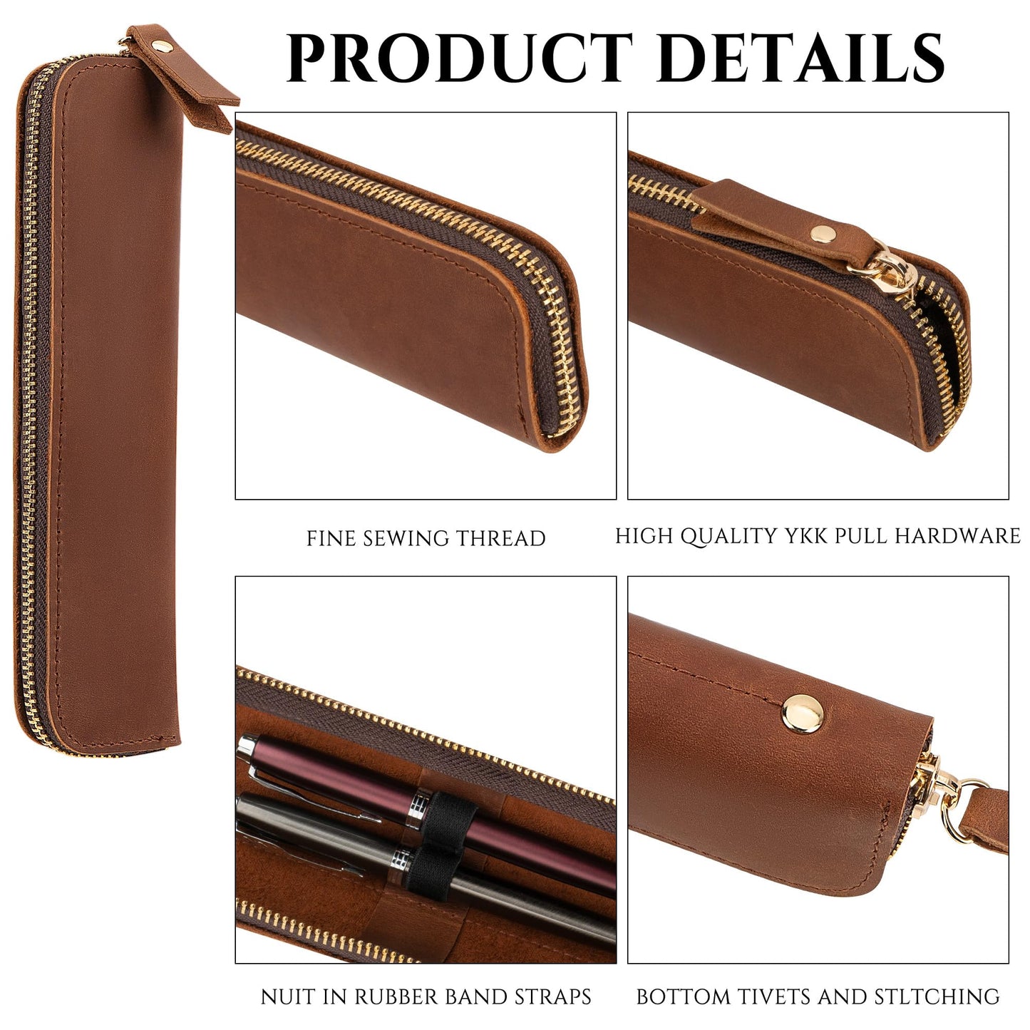JANKINGS Genuine Leather Pen Case with Dual Elastic Loops - Vintage Fountain Pen Pouch with Metal Zipper - Slim 2-Slot Pencil Sleeve Organizer for Expensive Pens, Writing Instruments - Brown