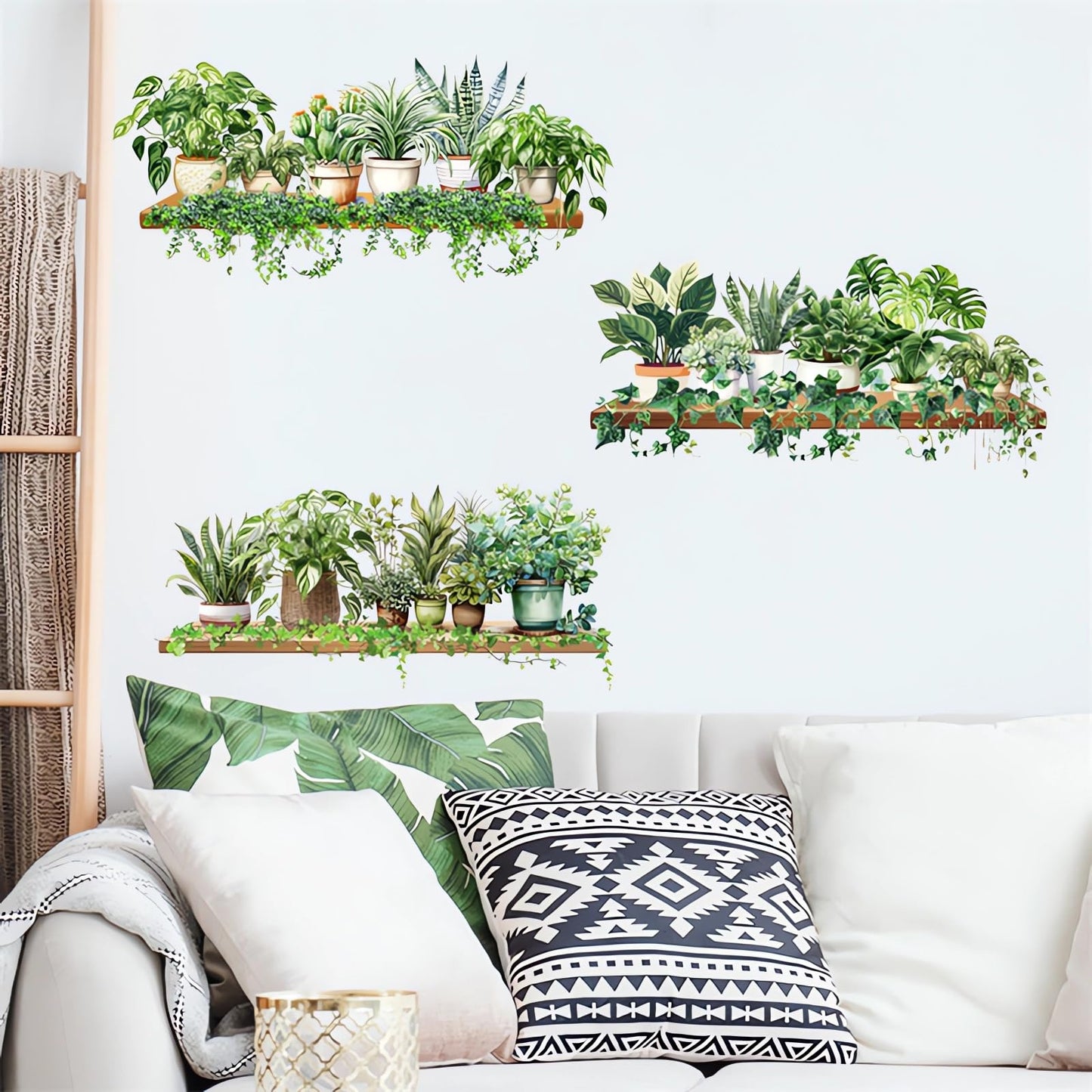 3 Pcs Green Plants Potted Wall Stickers, sacinora Green Leaves Wall Decals Removable Vinyl Peel and Stick for Living Room Bedroom Kitchen Study Room Art Home Decorations