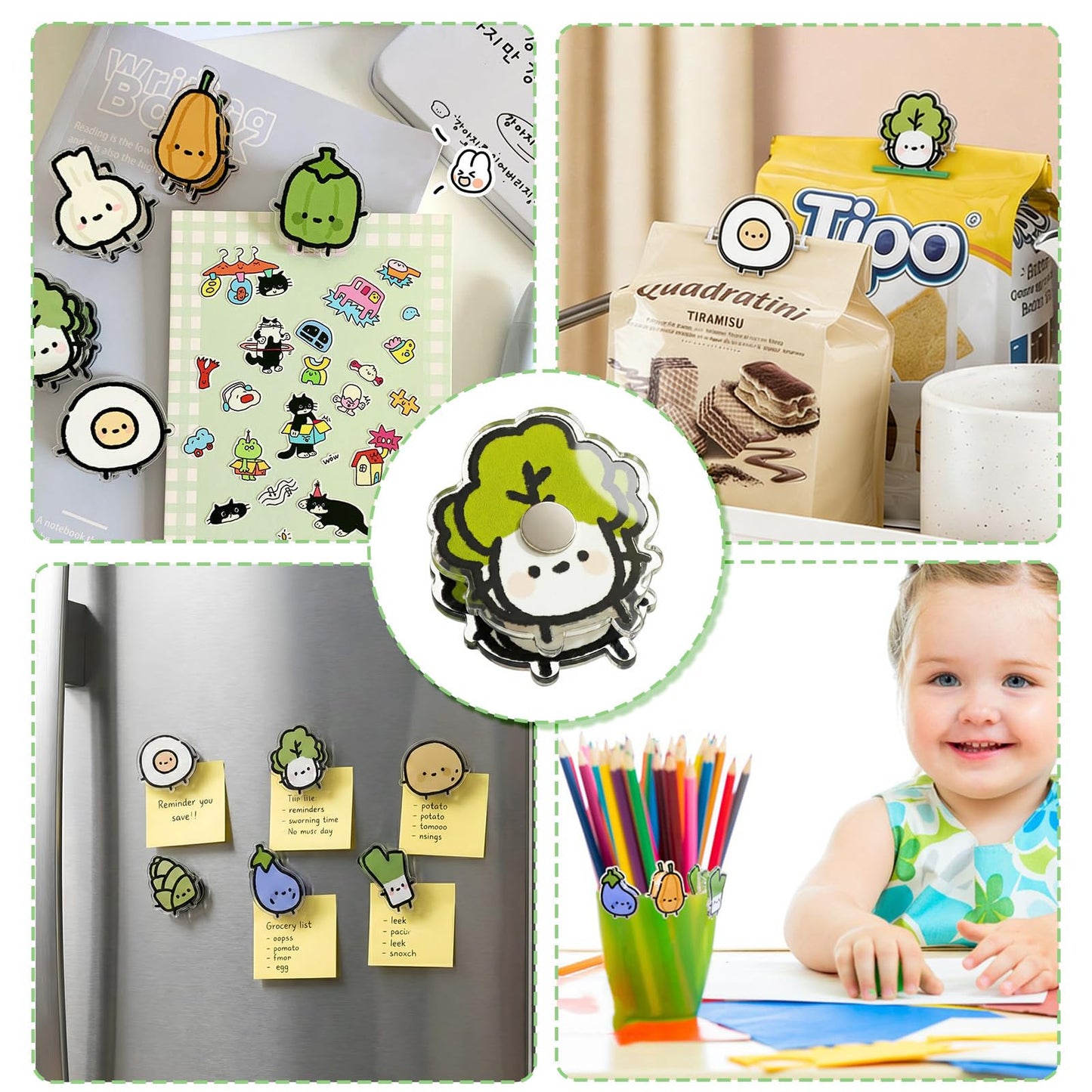 9 Pack Cute Magnetic Chip Clips Food Bag Clip Set, Vegetable Shaped Bag Clips for Snacks, Kitchen & Fridge Use, Airtight Chip Clip for Foods Storage, Kitchen Decor Gift (Vegetable)